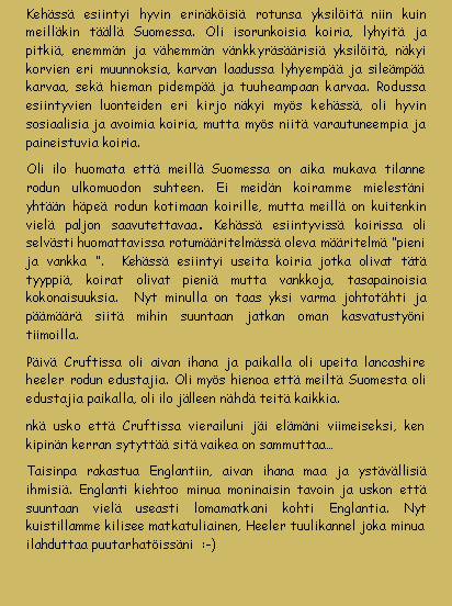 Tekstikehys: Kehss esiintyi hyvin erinkisi rotunsa yksilit niin kuin meillkin tll Suomessa. Oli isorunkoisia koiria, lyhyit ja pitki, enemmn ja vhemmn vnkkyrsrisi yksilit, nkyi korvien eri muunnoksia, karvan laadussa lyhyemp ja silemp karvaa, sek hieman pidemp ja tuuheampaan karvaa. Rodussa esiintyvien luonteiden eri kirjo nkyi mys kehss, oli hyvin sosiaalisia ja avoimia koiria, mutta mys niit varautuneempia ja paineistuvia koiria. Oli ilo huomata ett meill Suomessa on aika mukava tilanne rodun ulkomuodon suhteen. Ei meidn koiramme mielestni yhtn hpe rodun kotimaan koirille, mutta meill on kuitenkin viel paljon saavutettavaa. Kehss esiintyviss koirissa oli selvsti huomattavissa rotumritelmss oleva mritelm pieni ja vankka .  Kehss esiintyi useita koiria jotka olivat tt tyyppi, koirat olivat pieni mutta vankkoja, tasapainoisia kokonaisuuksia.  Nyt minulla on taas yksi varma johtothti ja pmr siit mihin suuntaan jatkan oman kasvatustyni tiimoilla.Piv Cruftissa oli aivan ihana ja paikalla oli upeita lancashire heeler rodun edustajia. Oli mys hienoa ett meilt Suomesta oli edustajia paikalla, oli ilo jlleen nhd teit kaikkia.  nk usko ett Cruftissa vierailuni ji elmni viimeiseksi, ken kipinn kerran sytytt sit vaikea on sammuttaa Taisinpa rakastua Englantiin, aivan ihana maa ja ystvllisi ihmisi. Englanti kiehtoo minua moninaisin tavoin ja uskon ett suuntaan viel useasti lomamatkani kohti Englantia. Nyt kuistillamme kilisee matkatuliainen, Heeler tuulikannel joka minua ilahduttaa puutarhatissni  :-) 